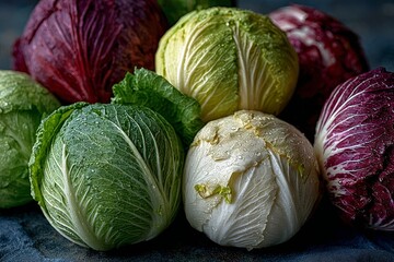 Assortment of fresh radicchio and cabbage heads with water droplets highlights healthy eating and organic lifestyle themes