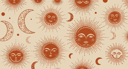 Vibrant celestial pattern with suns and moons on beige background