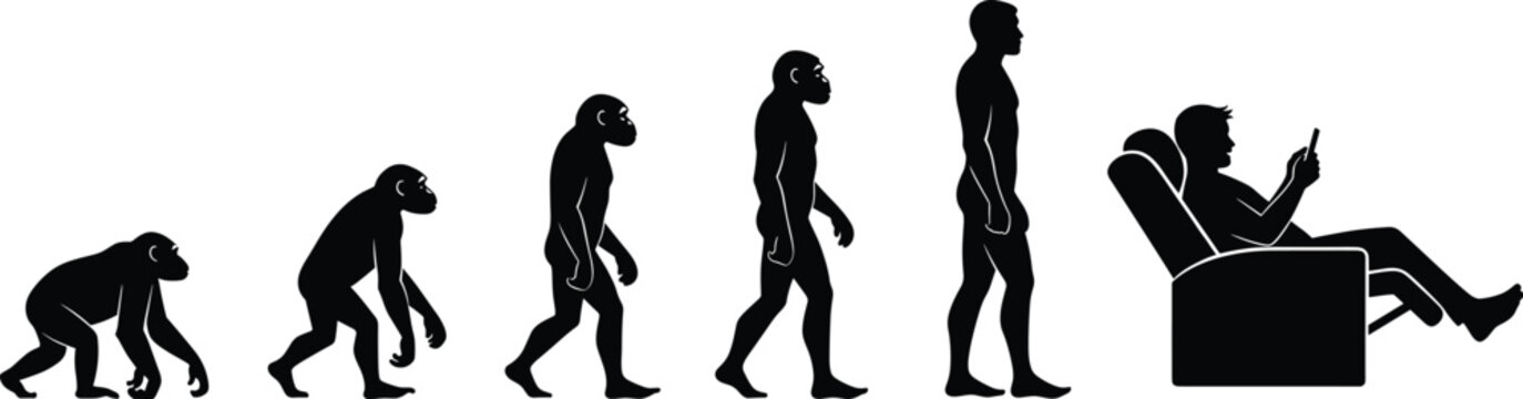 Evolution of Humanity from Primate to Modern Technology User Reclining in Chair, Satirical Silhouette Illustration Highlighting Sedentary Lifestyle