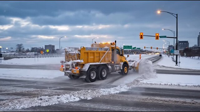 A powerful yellow snow plow clears roads in a city covered with snow, ensuring safe travel during winter weather. Urban landscape in the background.