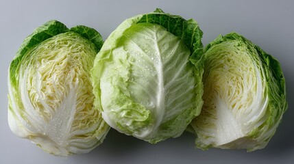 Fototapeta premium Minimalist food concept with fresh green cabbage heads and water droplets, suitable for healthy eating, vegan, and organic lifestyle promotions