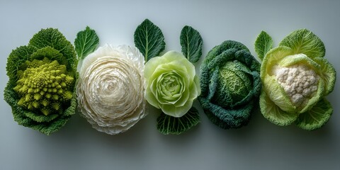 Colorful assortment of cabbages arranged flatly for healthy eating, vegetarian cuisine, and seasonal produce marketing