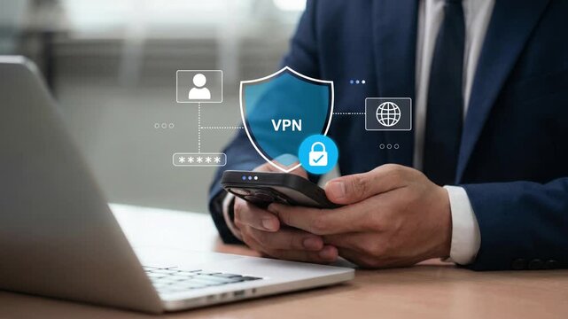 VPN security concept with user activating secure connection on smartphone while working on laptop at home, showing mobile internet protection, encrypted data access, and online privacy tools
