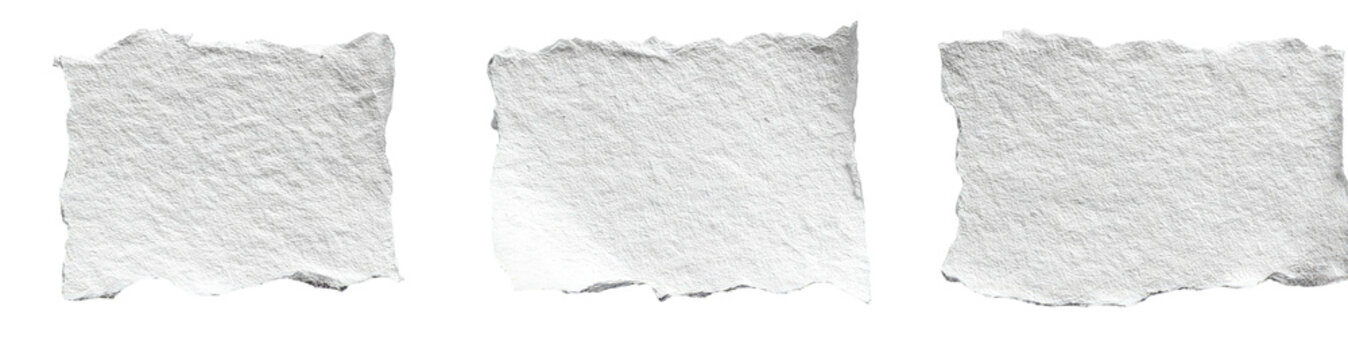 Three torn, textured paper pieces with rough edges, set against a black background
