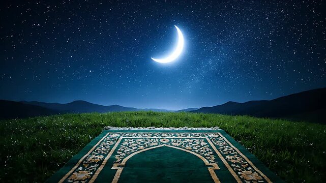 A vibrant green prayer rug with intricate gold patterns is perfectly positioned on lush grass beneath a clear, starry night sky highlighting a brilliant crescent moon.