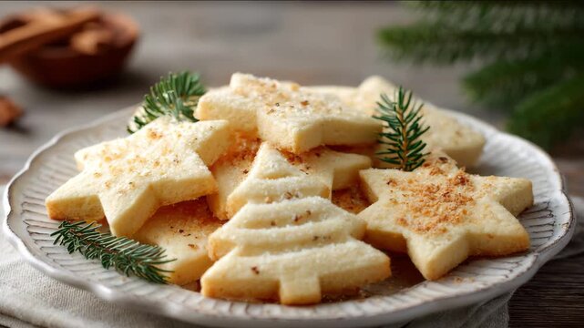 Christmas cookies on a decorative plate with tea and pine branches on table. buttery shortbread cookies shaped like stars and trees on a vintage plate, warm cozy holiday Christmas