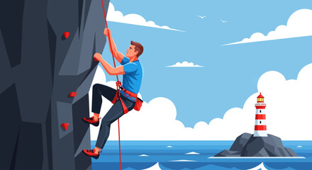 Fototapeta premium Suspended above the azure waves, a climber in blue scales a formidable grey cliff, his red rope trailing down towards a picturesque seascape featuring a striped lighthouse on a rocky island