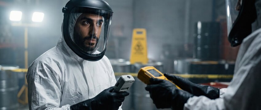 Hazmat team members in protective suits using Geiger counters and radiation detectors in a hazardous industrial environment, monitoring for contamination and safety Concept of emergency response, scie