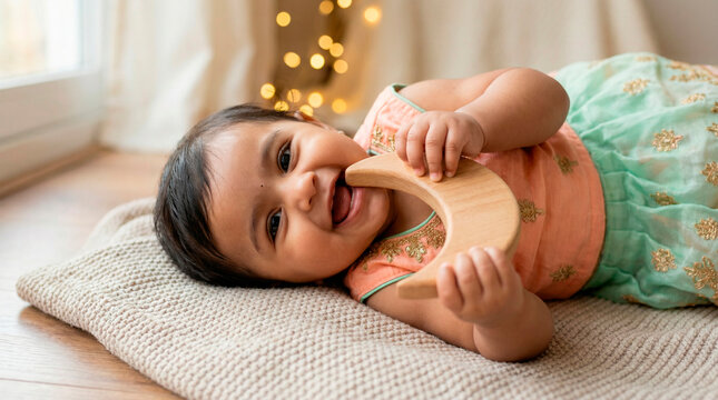 Happy South Asian baby girl lying on a cozy knit blanket at home holding a wooden moon toy, smiling with warm bokeh lights in the background