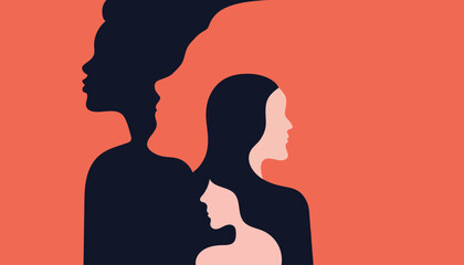 Female silhouette with shadow profile symbolizing identity, inner self, psychology and mental health concept