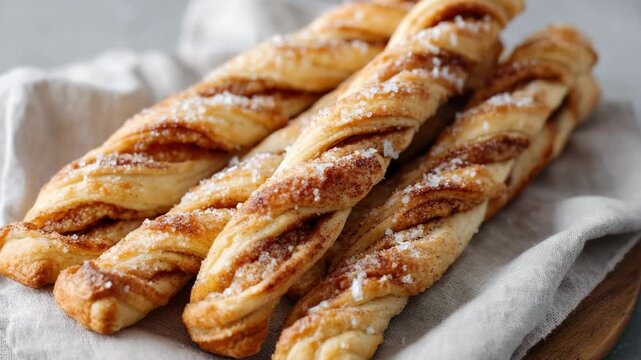 Freshly baked cinnamon sugar puff pastry twists on linen napkin close-up. Cinnamon Roll Twists for Weekend Baking, concept of homemade baked pastry delight