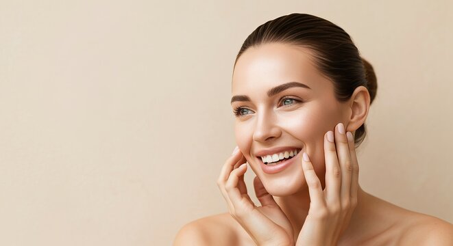 Radiant Beauty Smiling Portrait of a Serene Woman Touching Her Face with Joyful Expressive Eyes