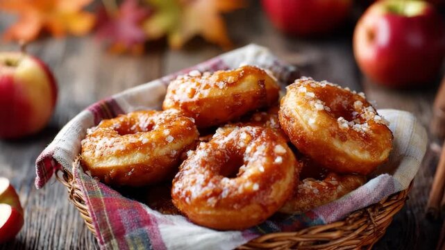Fresh glazed apple cider donuts in basket with autumn decor on rustic wood table. Apple cinnamon donuts in a basket lined with fall-print napkin, autumn treat concept with apples and leaves