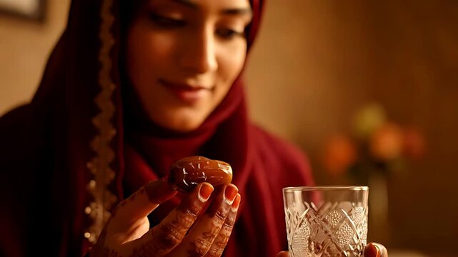Young Muslim woman wearing a traditional hijab holding a sweet, rich date fruit and a crystal glass, preparing to break the fast during Ramadan evening gatherings.
