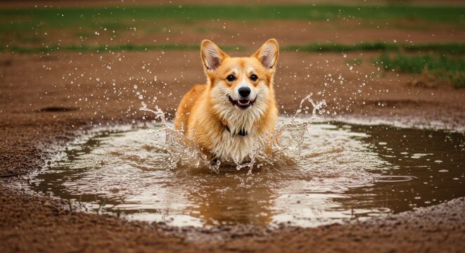 A corgi runs through a puddle on a dirt path