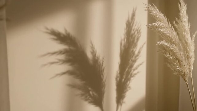 Soft sunlight shadow pampas grass on beige wall background