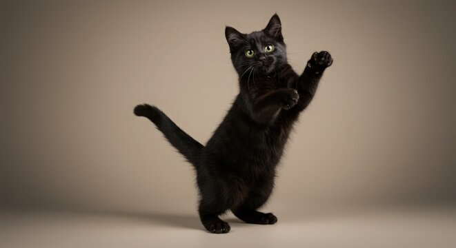 A black cat standing on its hind legs with one paw raised