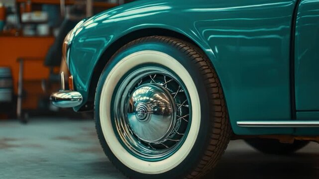 Close-up of a teal classic car's front with a whitewall tire and chrome hubcap reflecting the interior