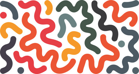 A vibrant collection of thick colorful squiggly lines and small round dots creates a fun pattern