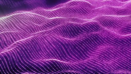 Fotobehang Warm Paars Violet electric particles form energetic flowing waves, creating a glowing futuristic digital landscape  © Bolbik