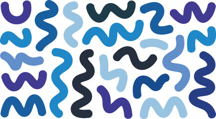 An assortment of fluid wavy and squiggly shapes appear in different shades of blue on a clean white space