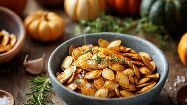 Bowl of roasted salted pumpkin seeds garnished with rosemary on rustic table. Bowl of roasted pumpkin seeds with sea salt and herbs, wooden table with fall decorations