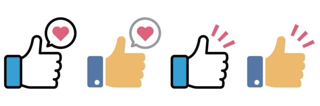 SNSやレビューに最適なハートと輝き付き「いいね」サムズアップのベクターアイコンセット