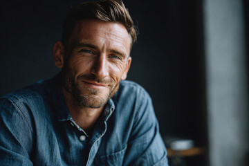Fototapeta premium Handsome man with smiling face wearing casual outfit indoor