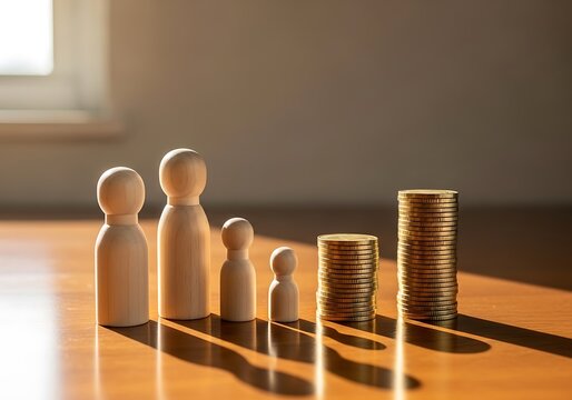 Family figures arranged on a wooden table with coins stacked beside them, symbolizing financial planning and savings