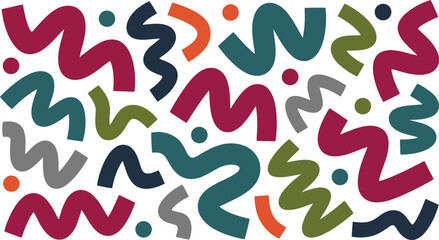 Multicolored wavy and dotted forms dance across a clean white surface