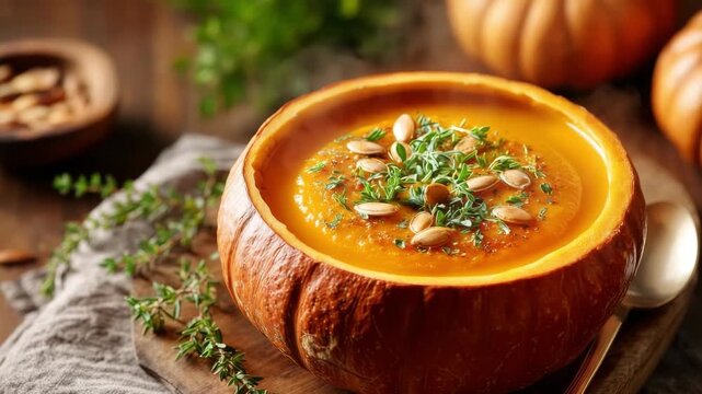Creamy pumpkin soup served in a pumpkin bowl with seeds on rustic table. Creamy pumpkin soup served in a hollowed pumpkin bowl, garnished with herbs and pumpkin seeds