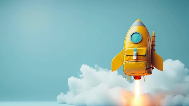 A vibrant yellow backpack rocket ascending through clouds, embodying back to school, the joy of learning, exploring knowledge, fostering creativity, and fueling imagination