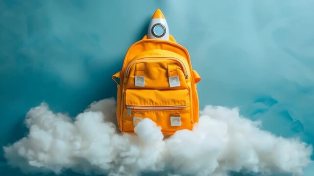 Yellow school backpack with a rocket symbolizing a back to school journey of knowledge, learning, and imaginative educational dreams