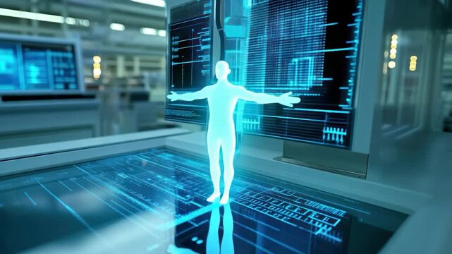 Futuristic lab scene showing a glowing human form projected within digital displays