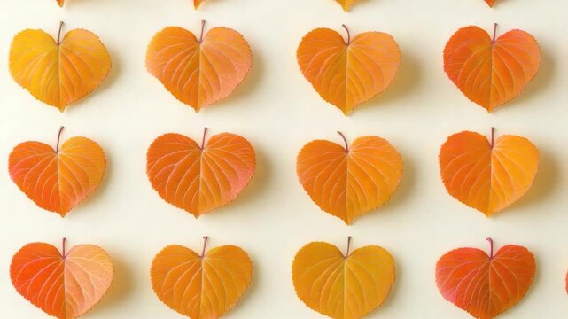 Heart-shaped leaves arranged in a grid, showcasing vibrant autumn colors against a neutral backdrop