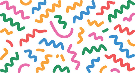 This picture features a lively assortment of colorful zig zag lines and curved shapes spread across a white surface