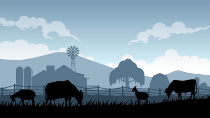 Farm landscape illustration with farmhouse and animal livestock