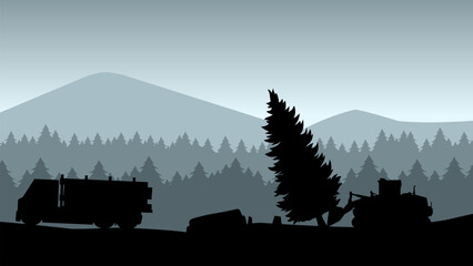Deforestation silhouette landscape illustration with illegal logging