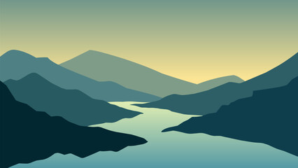 River landscape illustration with mountain range and ridges