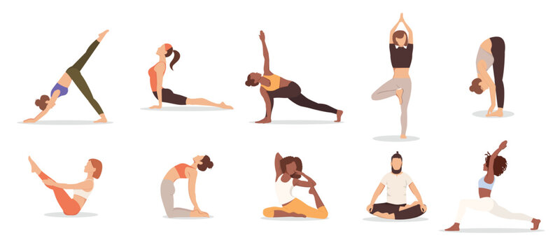  set of poses woman and man yoga collection of multicultural 