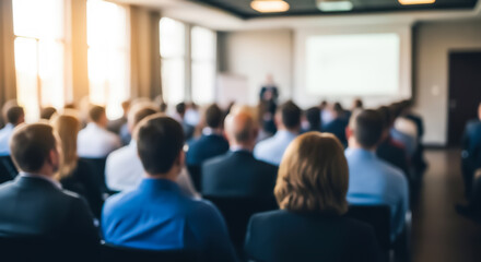 Fototapeta premium Blurred audience attentively listening to a speaker during a business conference in a modern meeting room with natural light and professional setting
