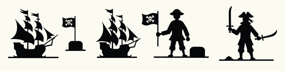 silhouette illustrations of pirate ships and pirates on © Isohhg