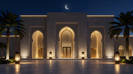 Fototapeta premium Modern mosque facade with crescent moon and lanterns at night