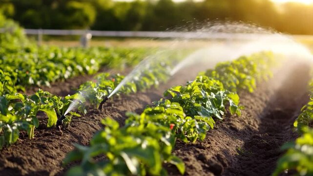 Lush crops are irrigated with a spraying system under the sun, creating a misty atmosphere