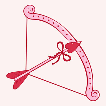Isolated Cupids bow and arrow in ink sketch style. Flat vector illustration in pink red colors. Template for card, poster, menu, pattern, sticker.