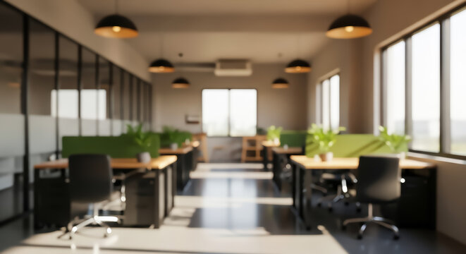 Blurred modern openplan office interior with natural light, wooden desks, ergonomic chairs, green plants, and large windows creating a productive and inviting workspace atmosphere