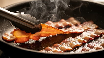 Sizzling bacon strips being cooked in a pan with tongs and releasing smoke for a tasty breakfast