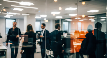 Fototapeta premium Blurred modern office environment with business professionals engaged in conversation and collaboration, reflecting a dynamic and productive workplace atmosphere