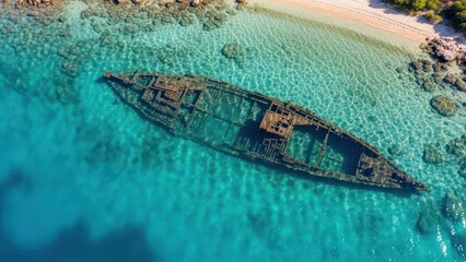 Sunken maritime relic resting in crystal waters beside a pristine shoreline haven