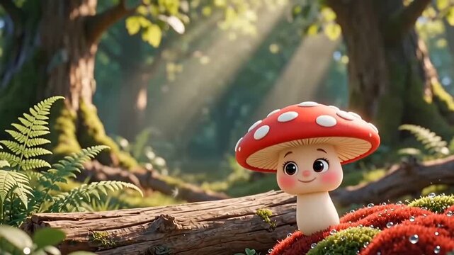 Cute Surreal Mushroom Character Walking Through Enchanted Forest and using its red hat as parachute 